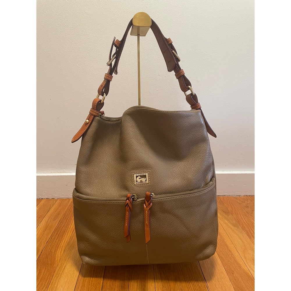 Dooney & Bourke Pebbled Leather Hobo Bag Taupe Tan Trim Large Shoulder